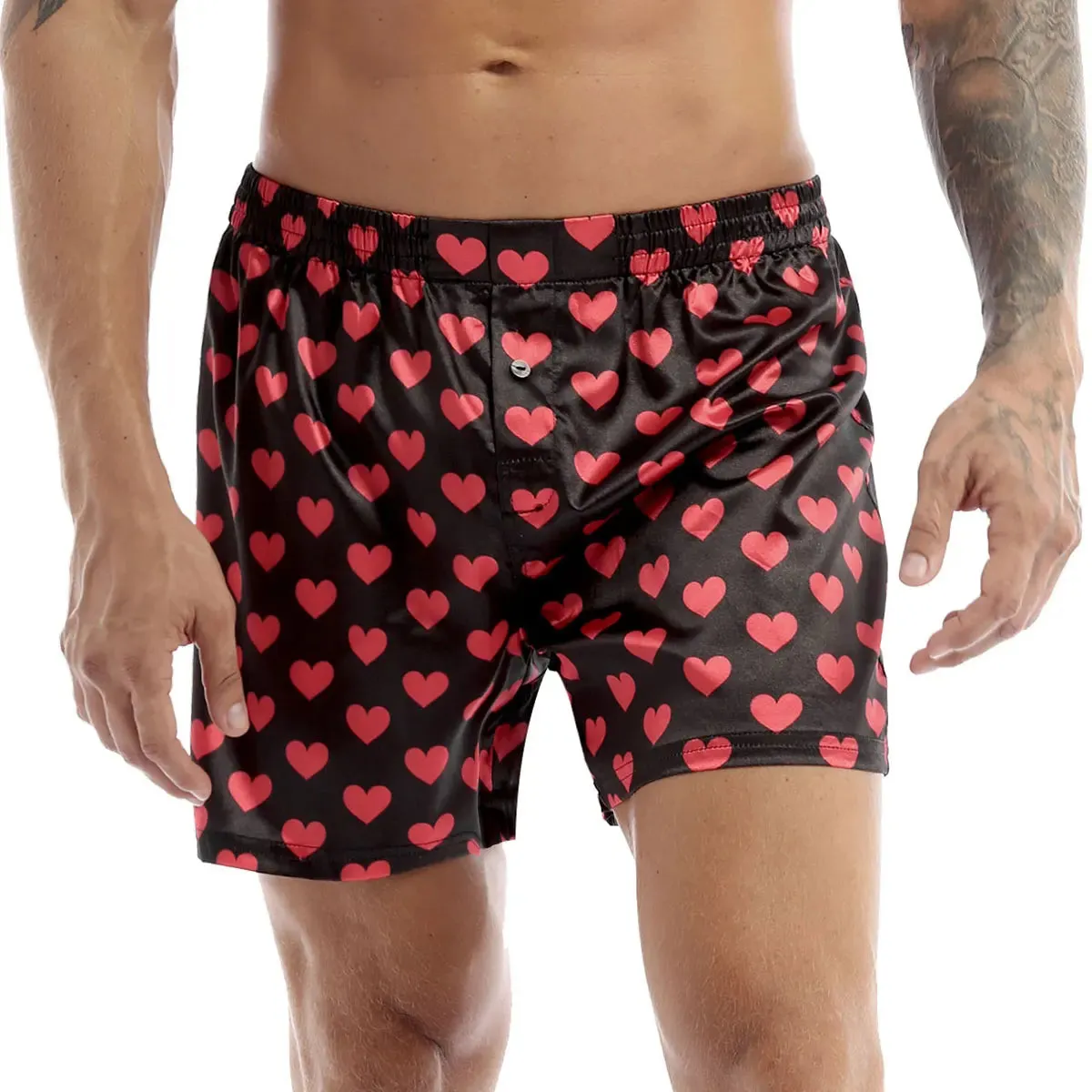 2024 New Mens Soft Boxer Shorts Underpants Pajamas Cute Love Heart Print Classic Lightweight Loose Sports Lounge Short Pants