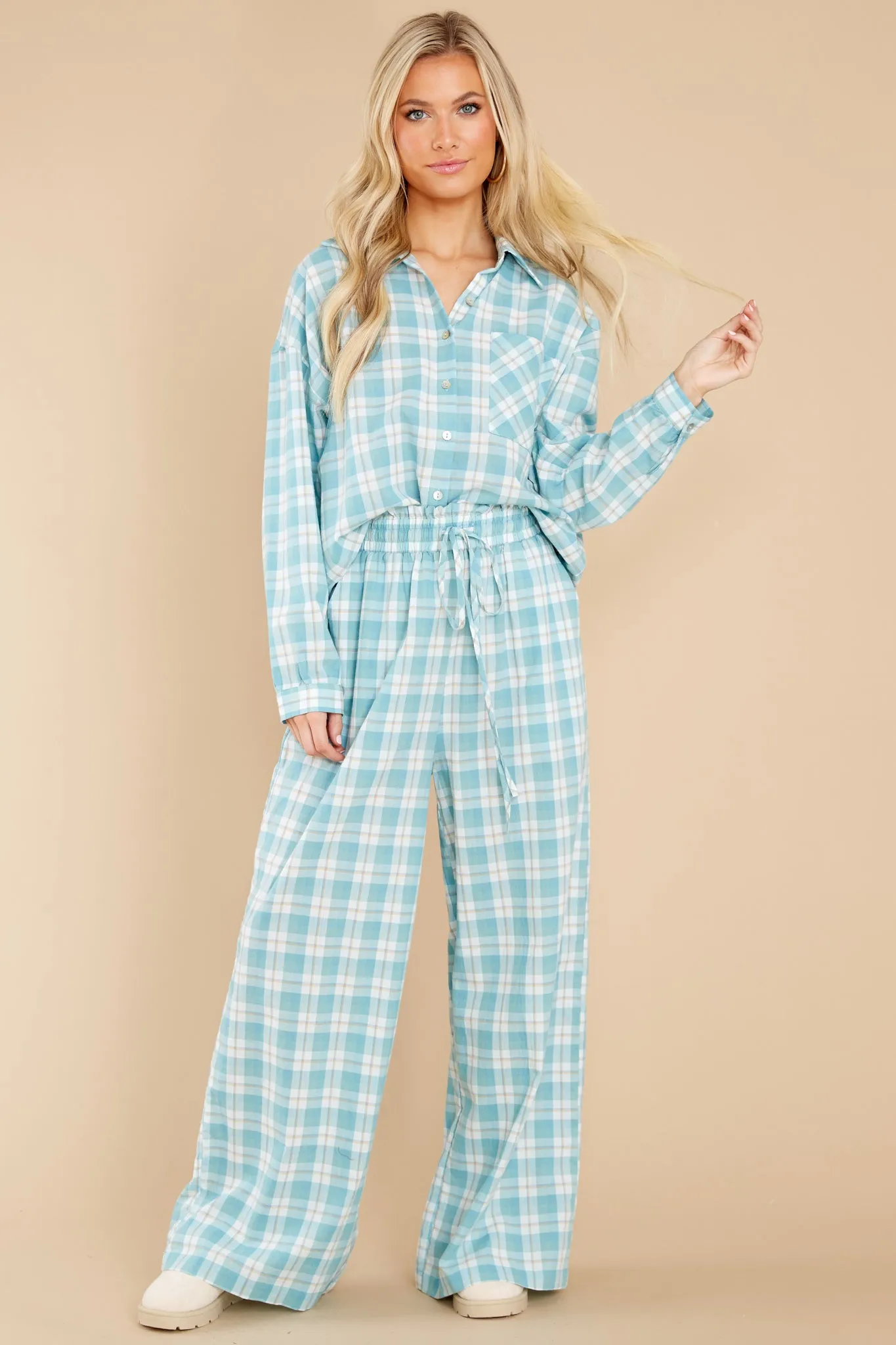 Beauty In Comfort Teal Plaid Cotton Pajama Top