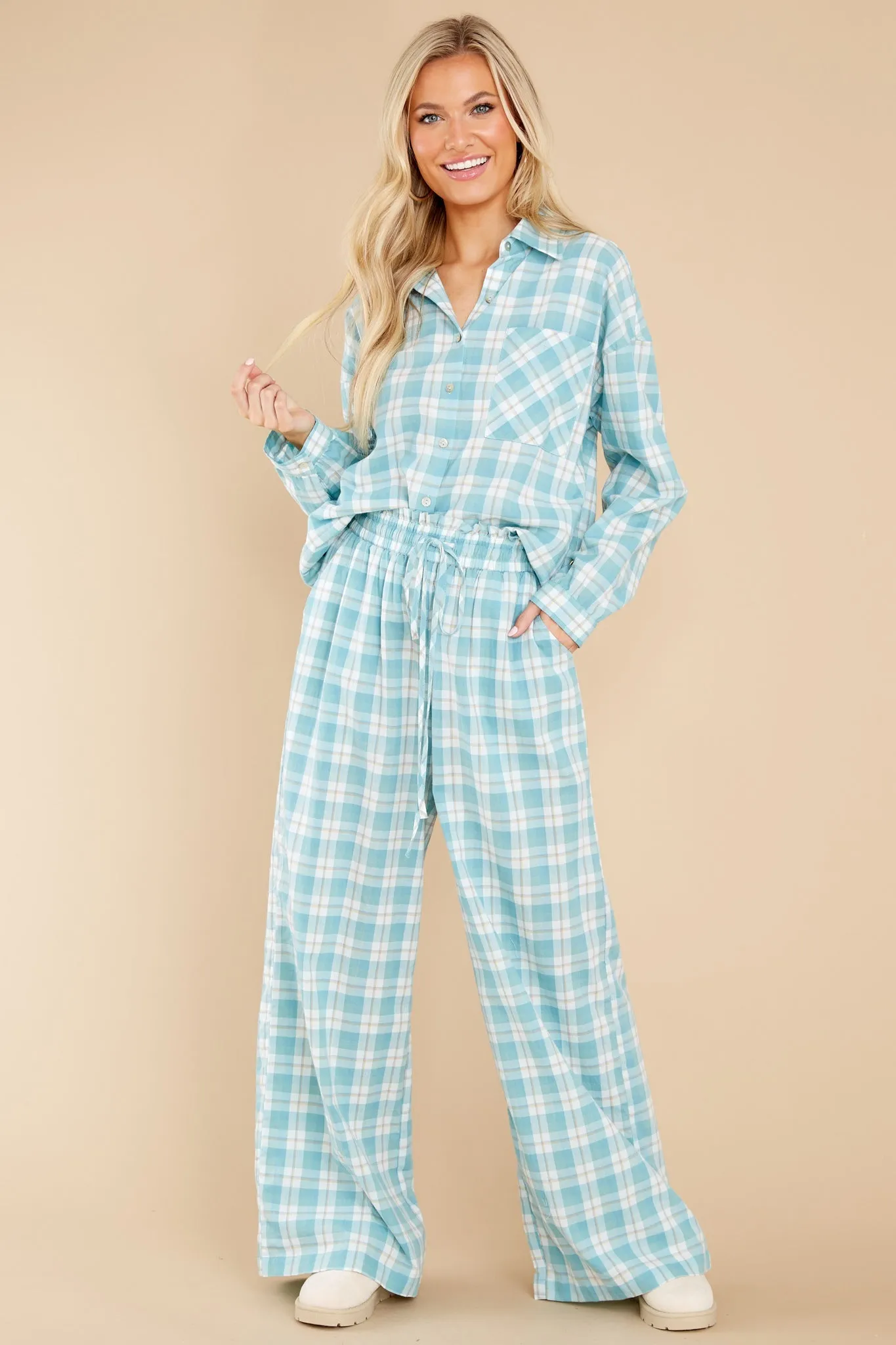 Beauty In Comfort Teal Plaid Cotton Pajama Top