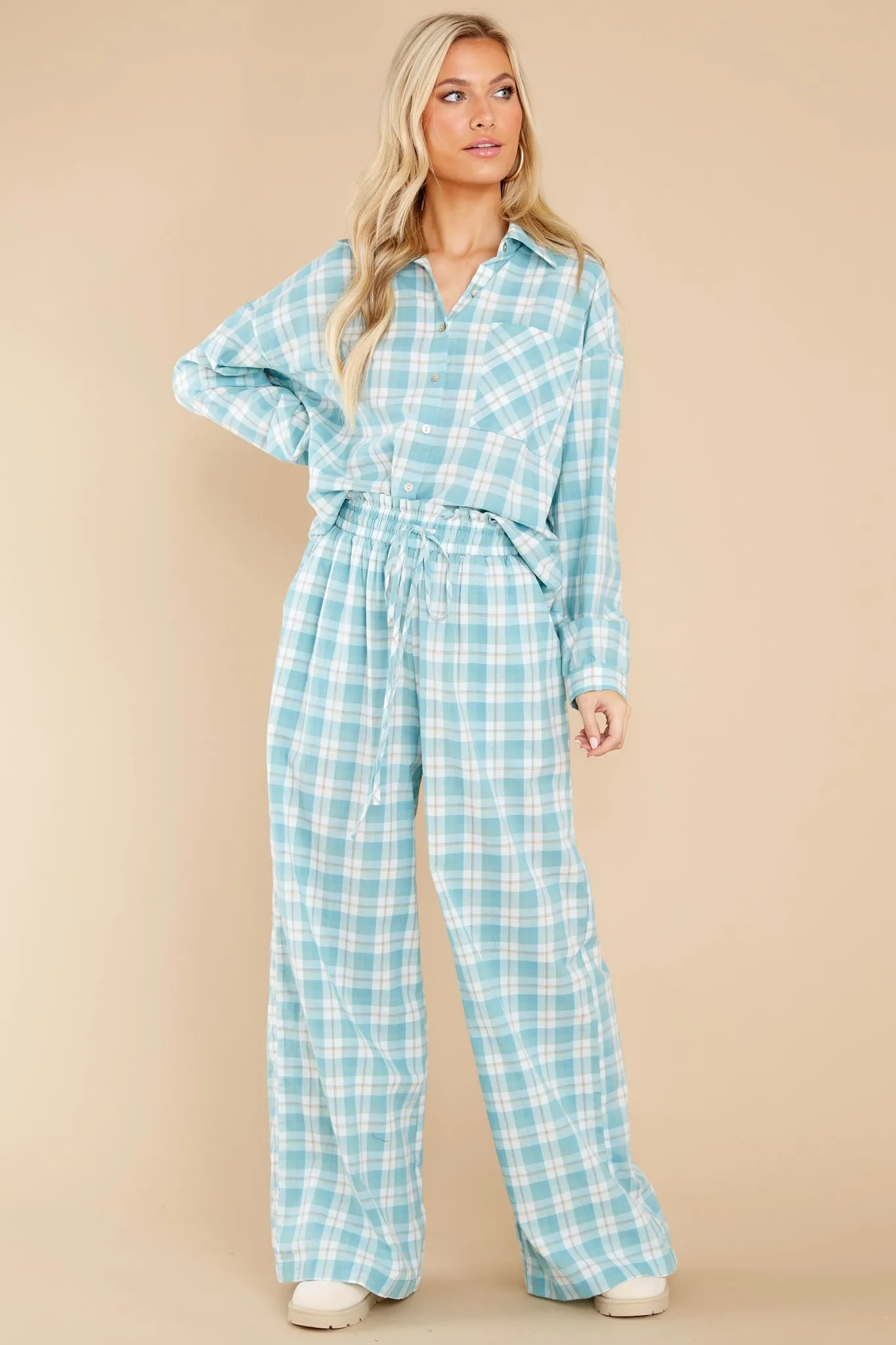 Beauty In Comfort Teal Plaid Cotton Pajama Top