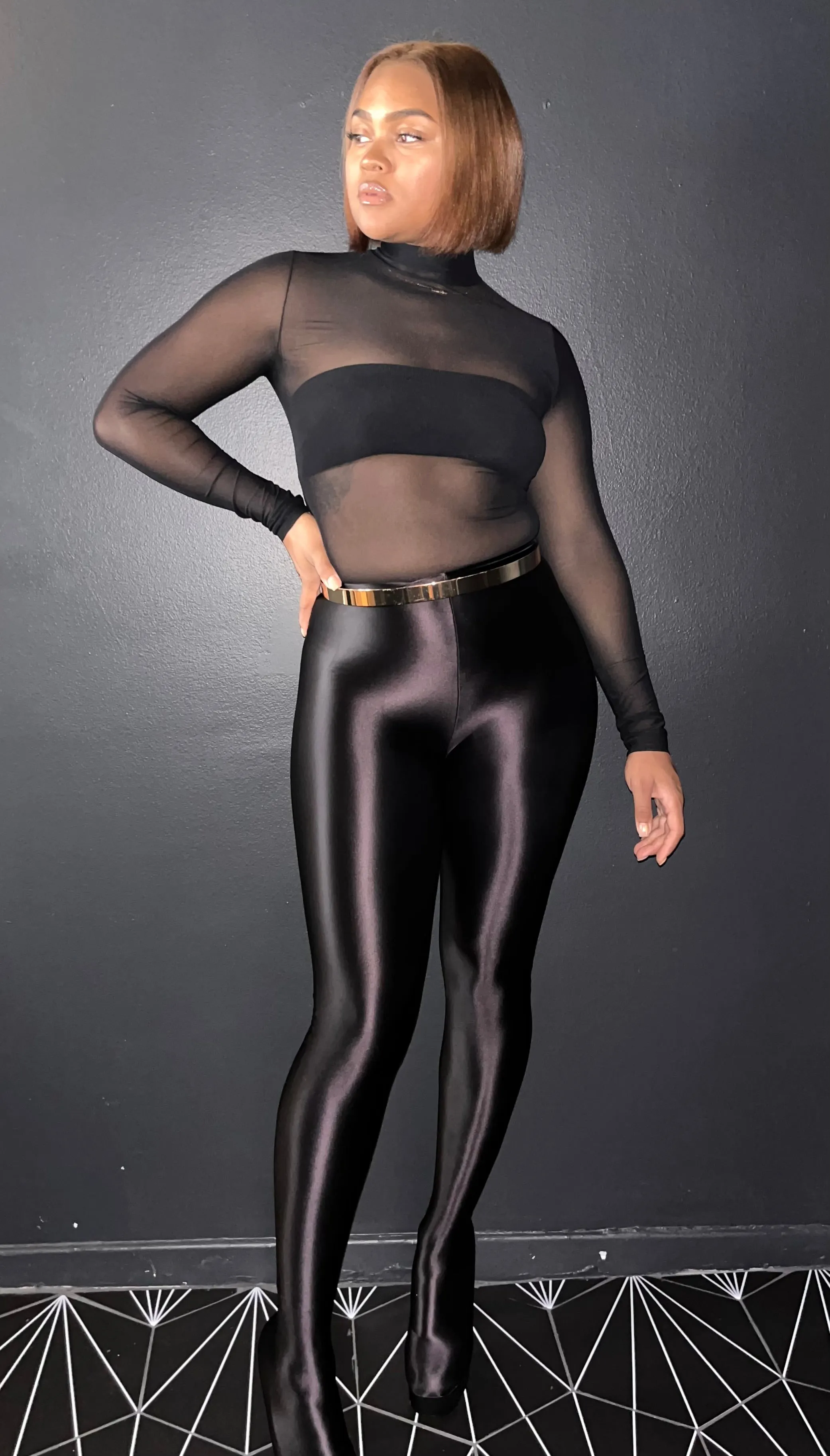 BLACK SHEER MOCKNECK CATSUIT