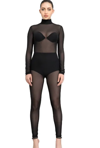 BLACK SHEER MOCKNECK CATSUIT