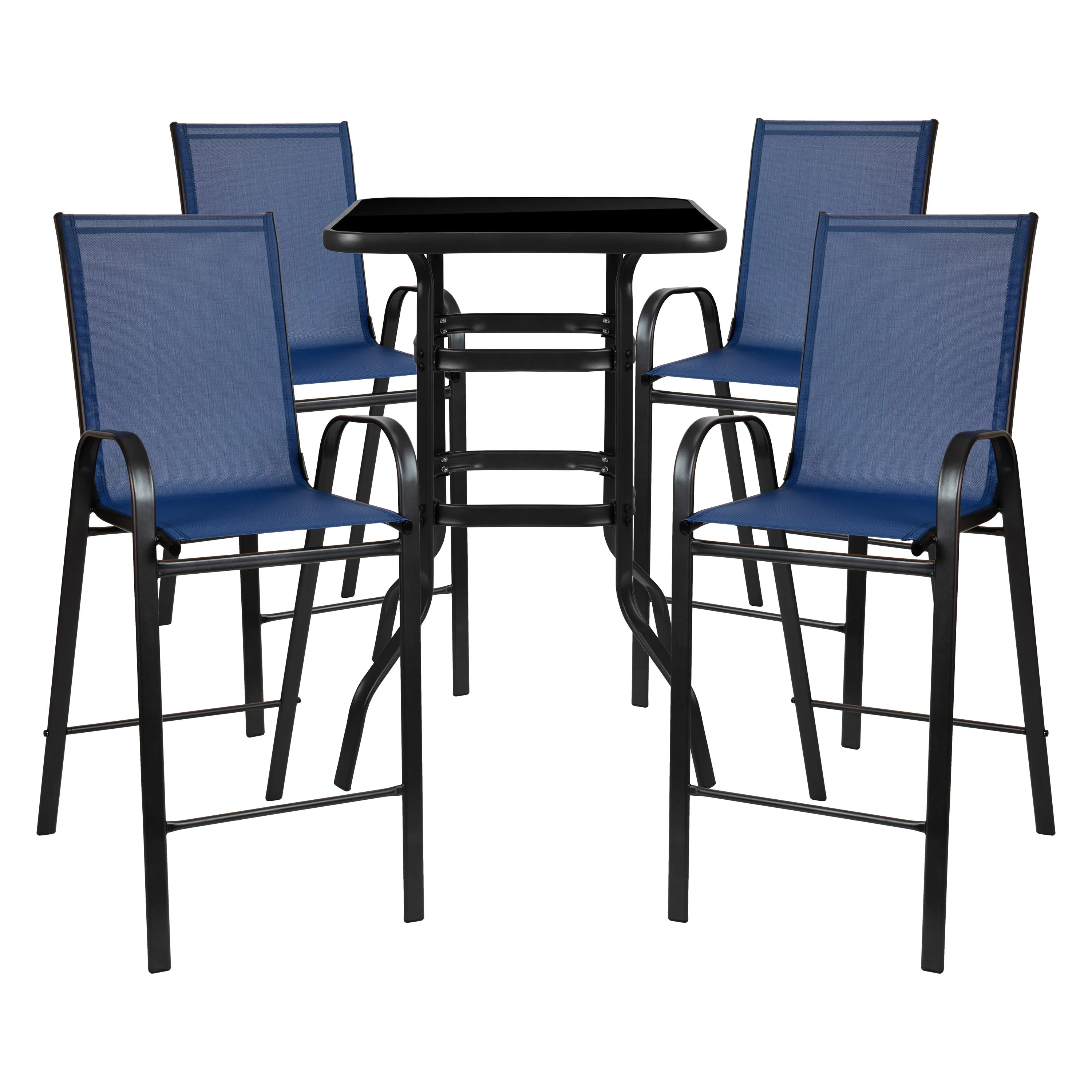 Brazos Outdoor Dining Set - 4-Person Bistro Set - Outdoor Glass Bar Table with All-Weather Patio Stools