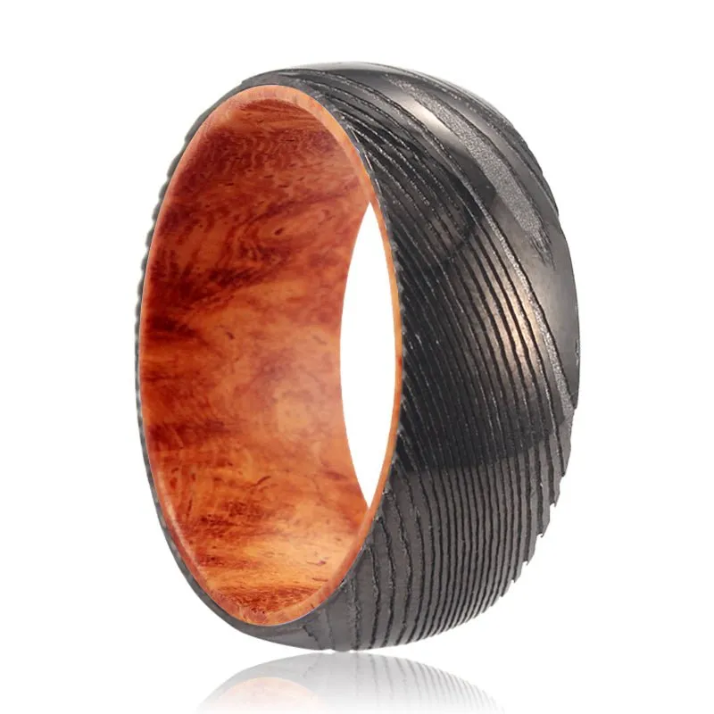 CLANCY | Red Burl Wood, Gunmetal Damascus Steel Ring, Domed