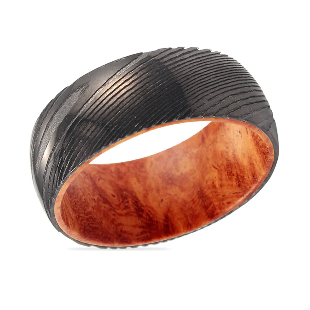 CLANCY | Red Burl Wood, Gunmetal Damascus Steel Ring, Domed