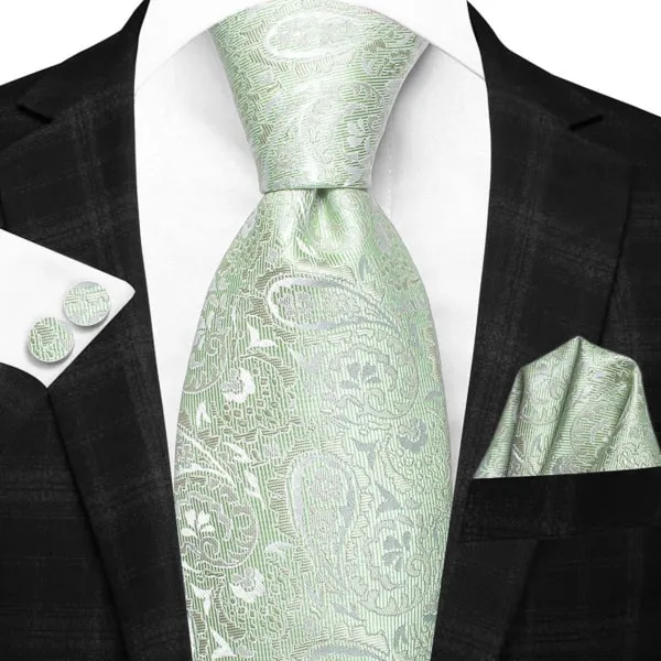 Classy Men Light Sage Green Paisley Silk Tie