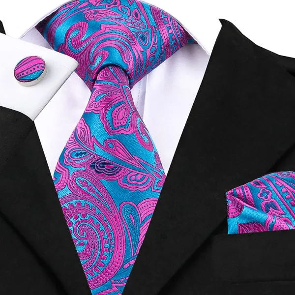 Classy Men Pink Turquoise Floral Silk Tie