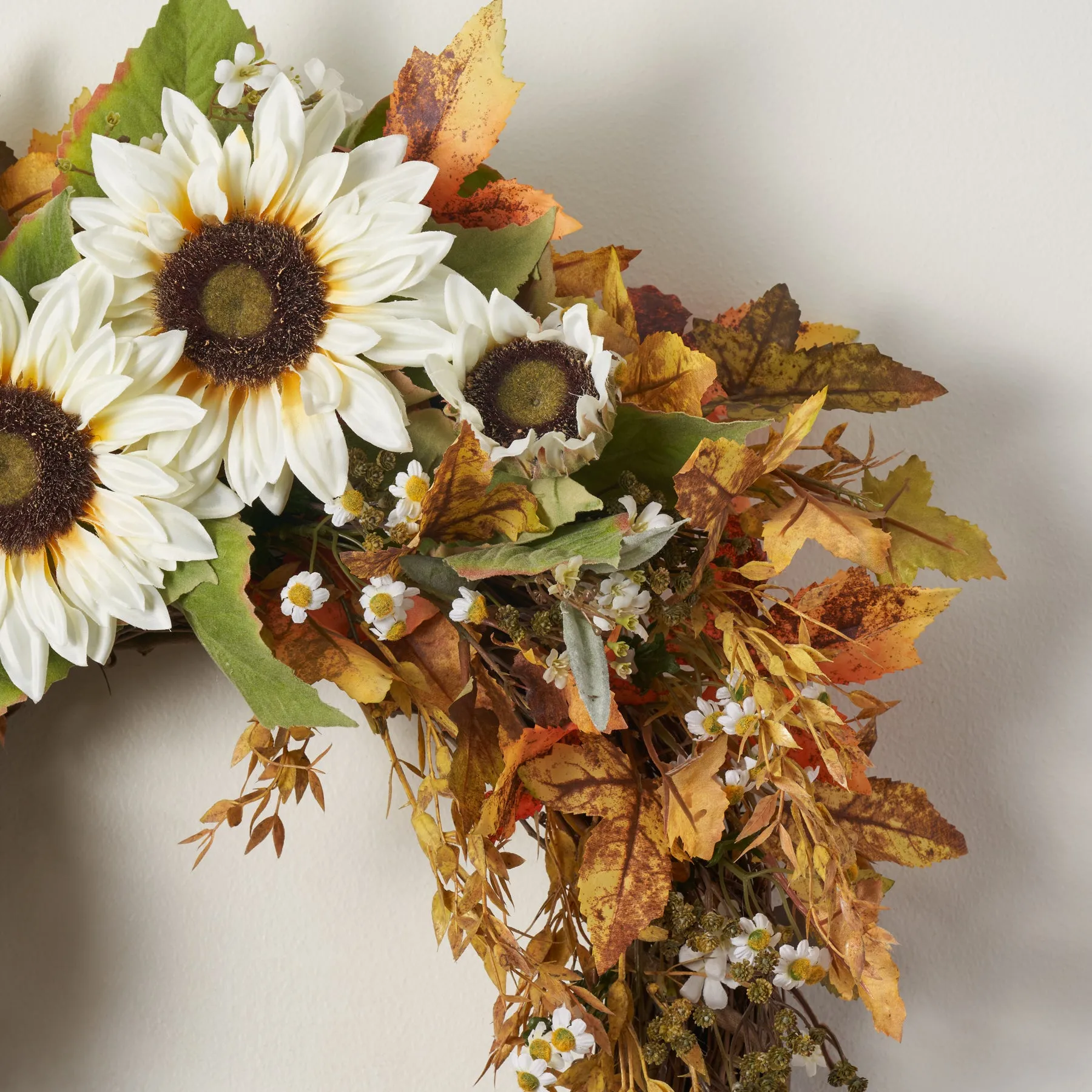 Draping Wheat Grass with Wildflowers, Cream Sunflower & Daisy Fall Front Door Wreath