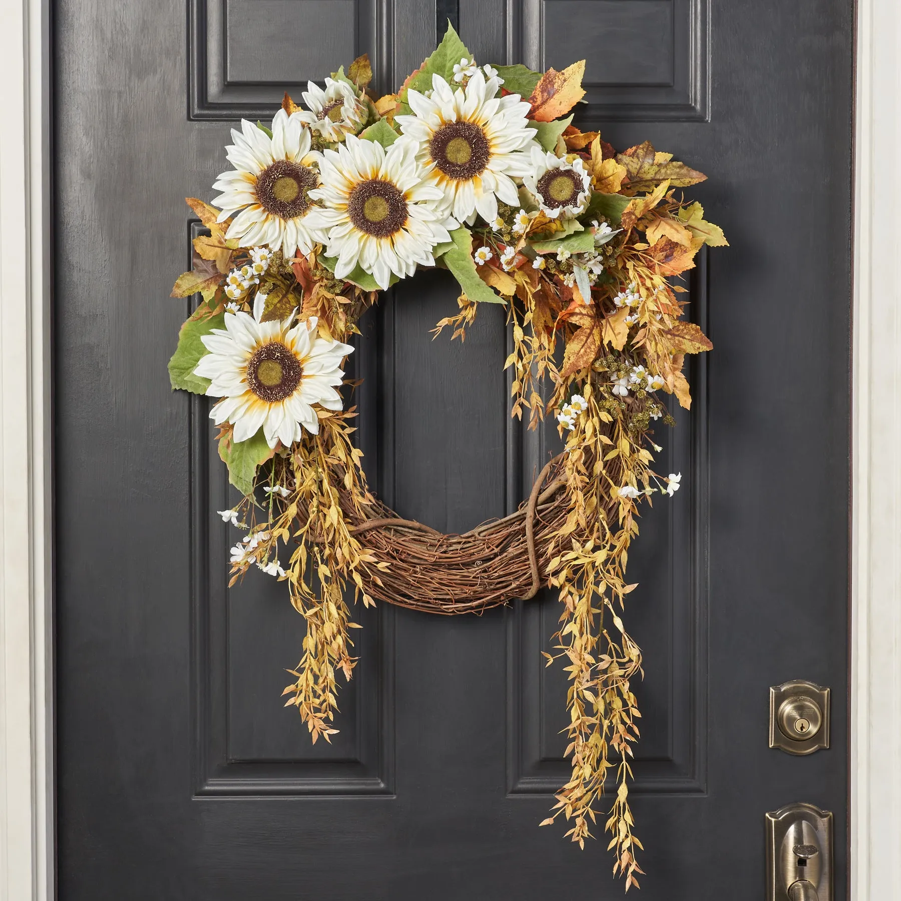 Draping Wheat Grass with Wildflowers, Cream Sunflower & Daisy Fall Front Door Wreath