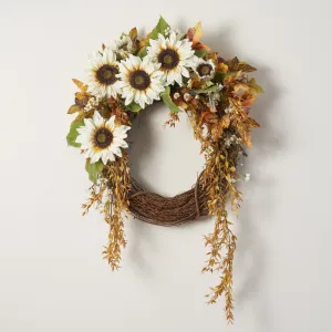 Draping Wheat Grass with Wildflowers, Cream Sunflower & Daisy Fall Front Door Wreath