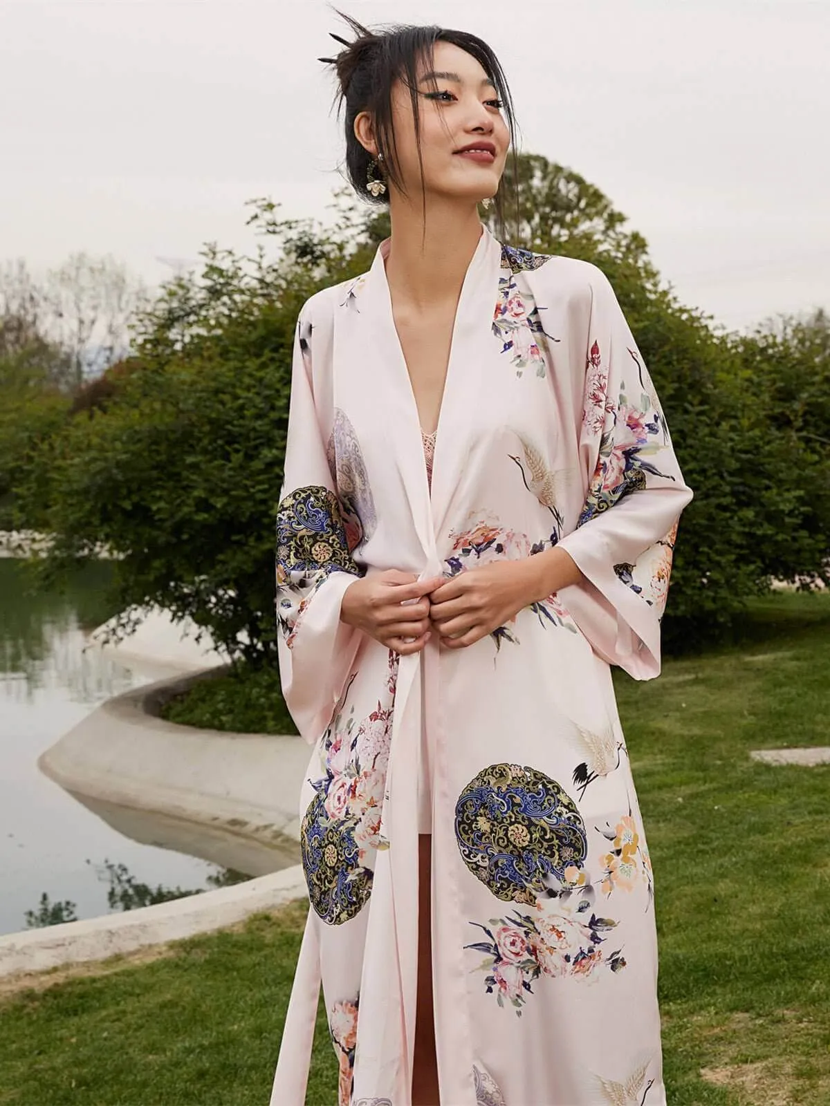 Garden Crane Blush Kimono Robe