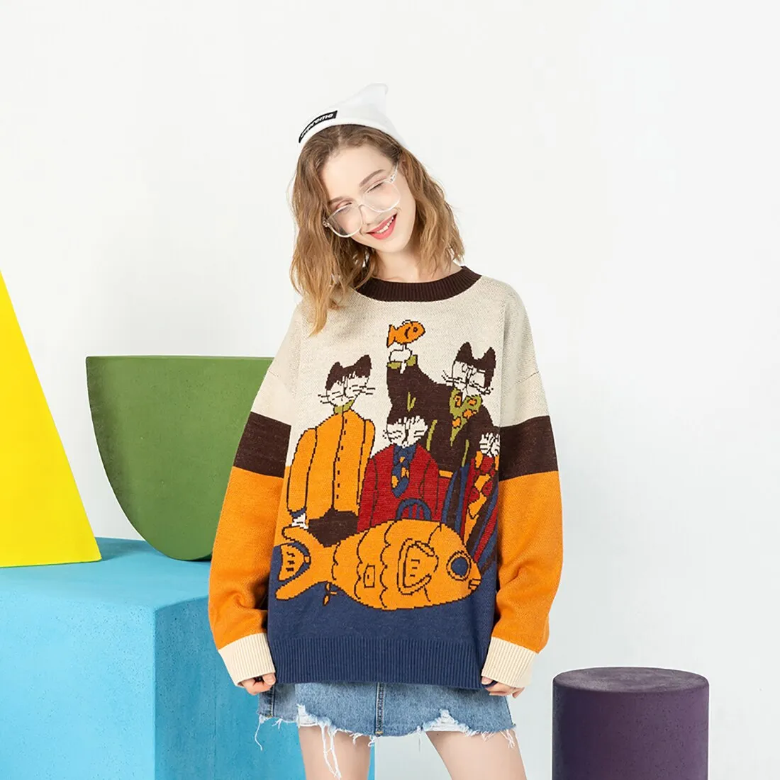 Get Cozy and Cute with the Cartoon Retro Cat Sweater