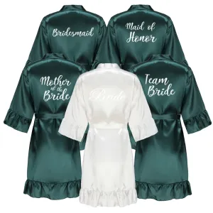 Green Bridesmaid Mother of The Bride Robes With Ruffle White Letters Satin Bridal Party Bathrobe Wedding Gift