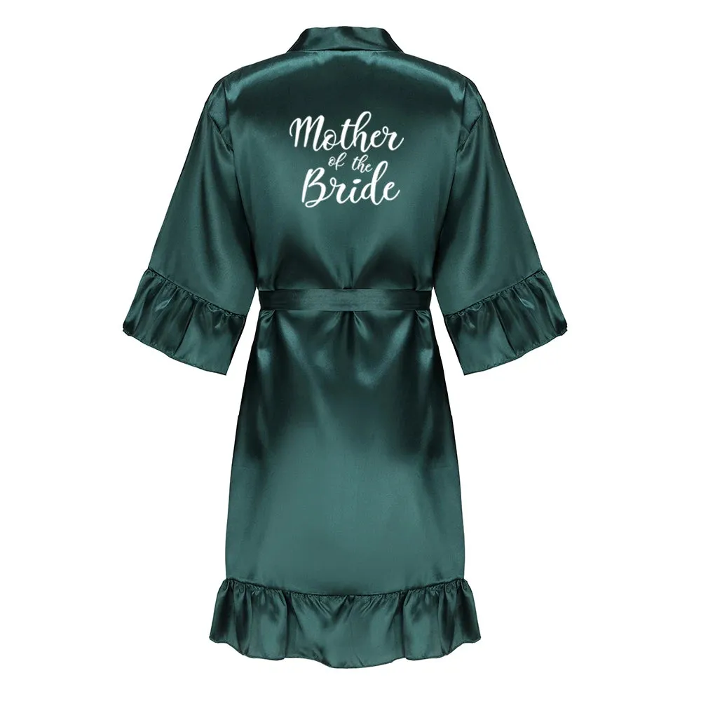 Green Bridesmaid Mother of The Bride Robes With Ruffle White Letters Satin Bridal Party Bathrobe Wedding Gift