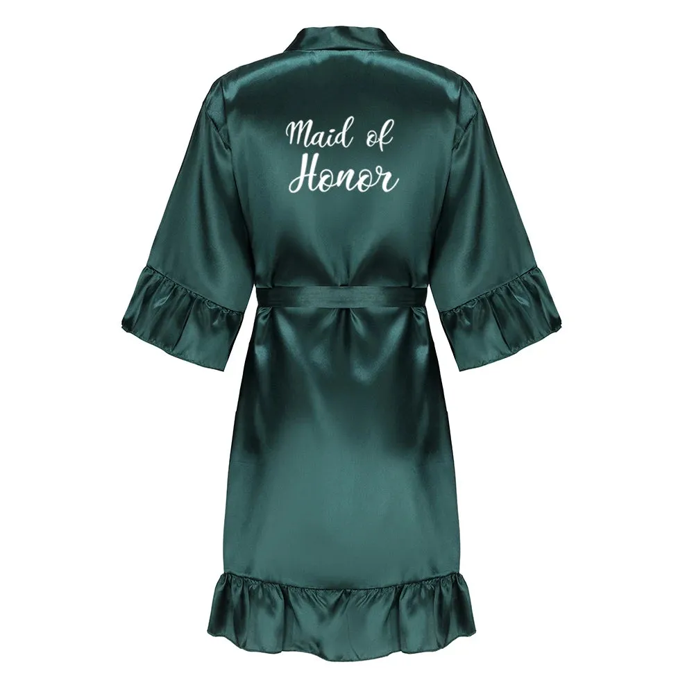 Green Bridesmaid Mother of The Bride Robes With Ruffle White Letters Satin Bridal Party Bathrobe Wedding Gift