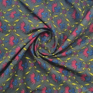 Grey & Pink Floral Print Cotton Fabric