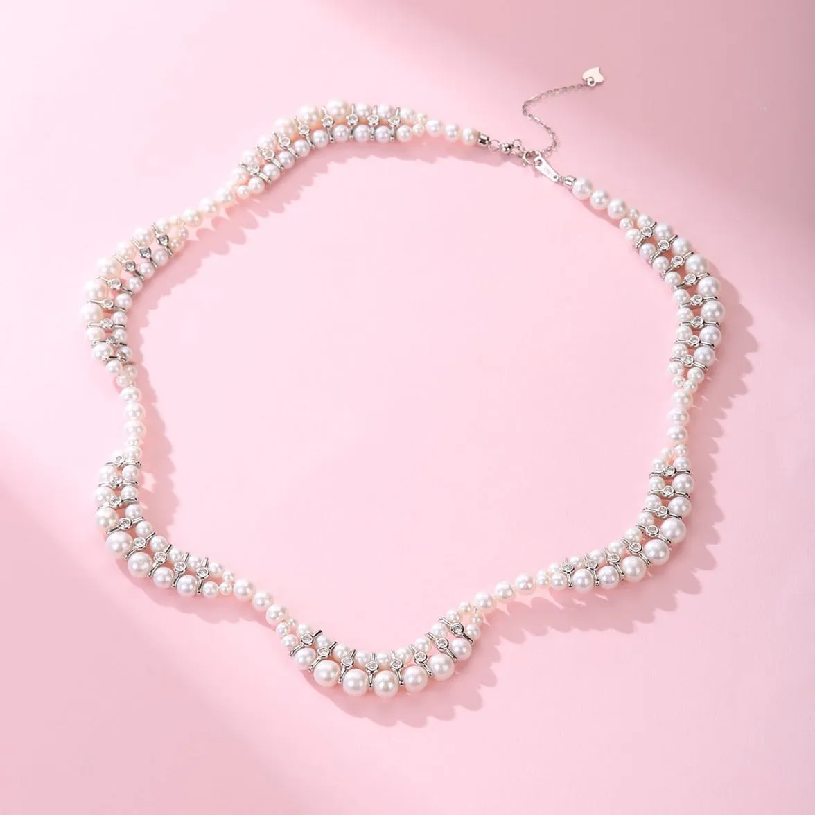 Handwoven Dual Strand Pearl Zirconia Necklace