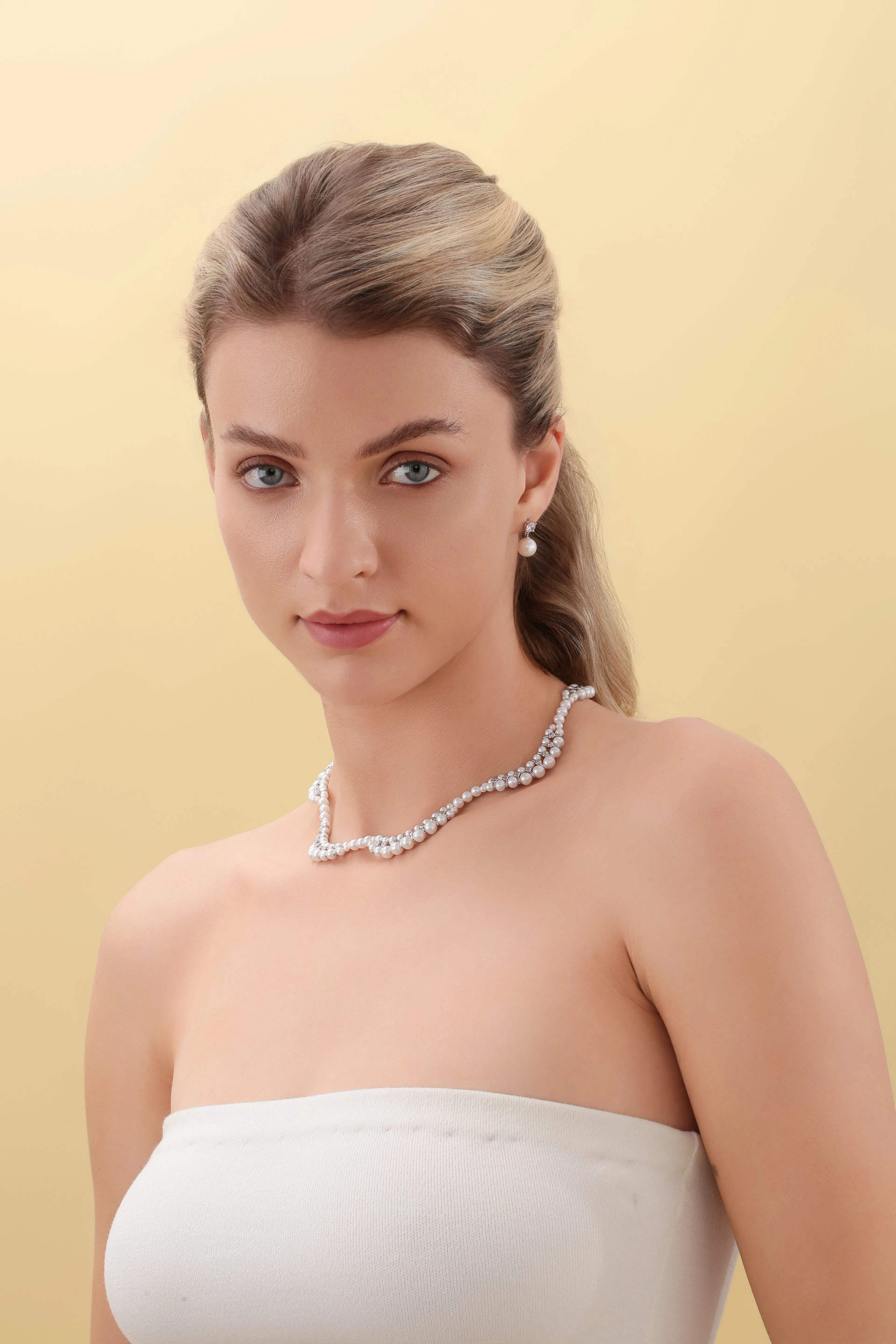 Handwoven Dual Strand Pearl Zirconia Necklace