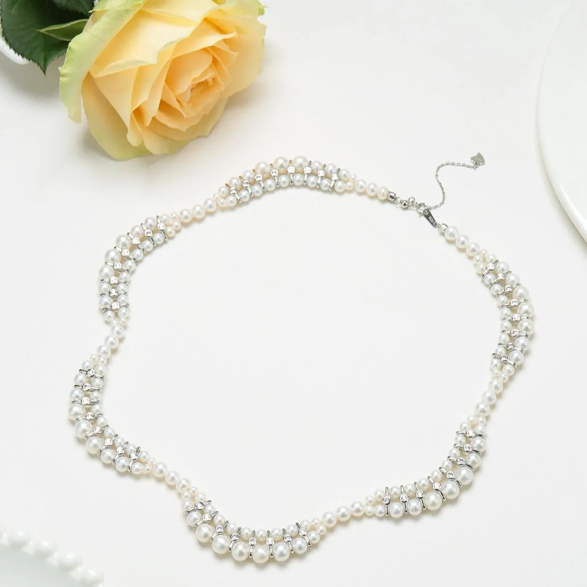 Handwoven Dual Strand Pearl Zirconia Necklace