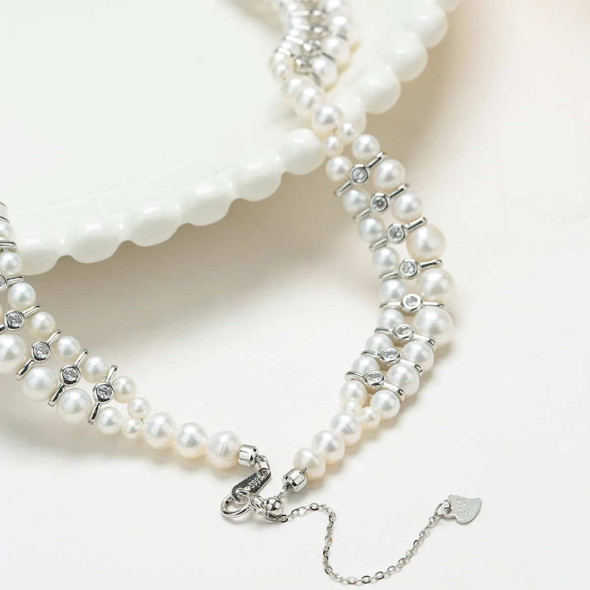 Handwoven Dual Strand Pearl Zirconia Necklace