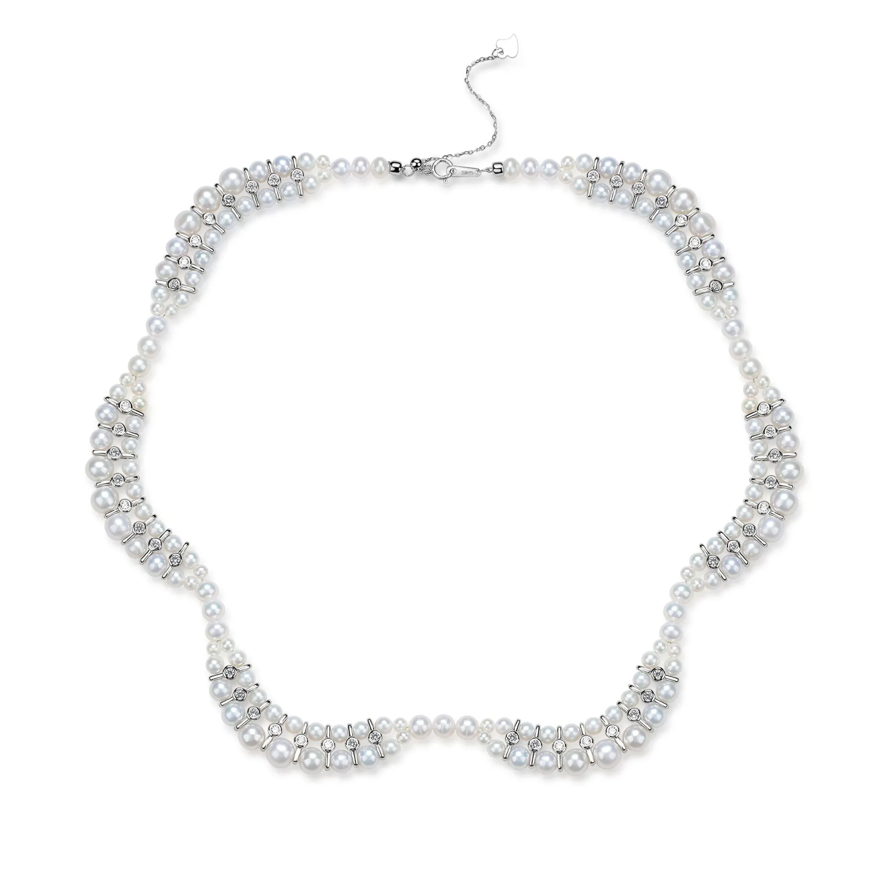 Handwoven Dual Strand Pearl Zirconia Necklace