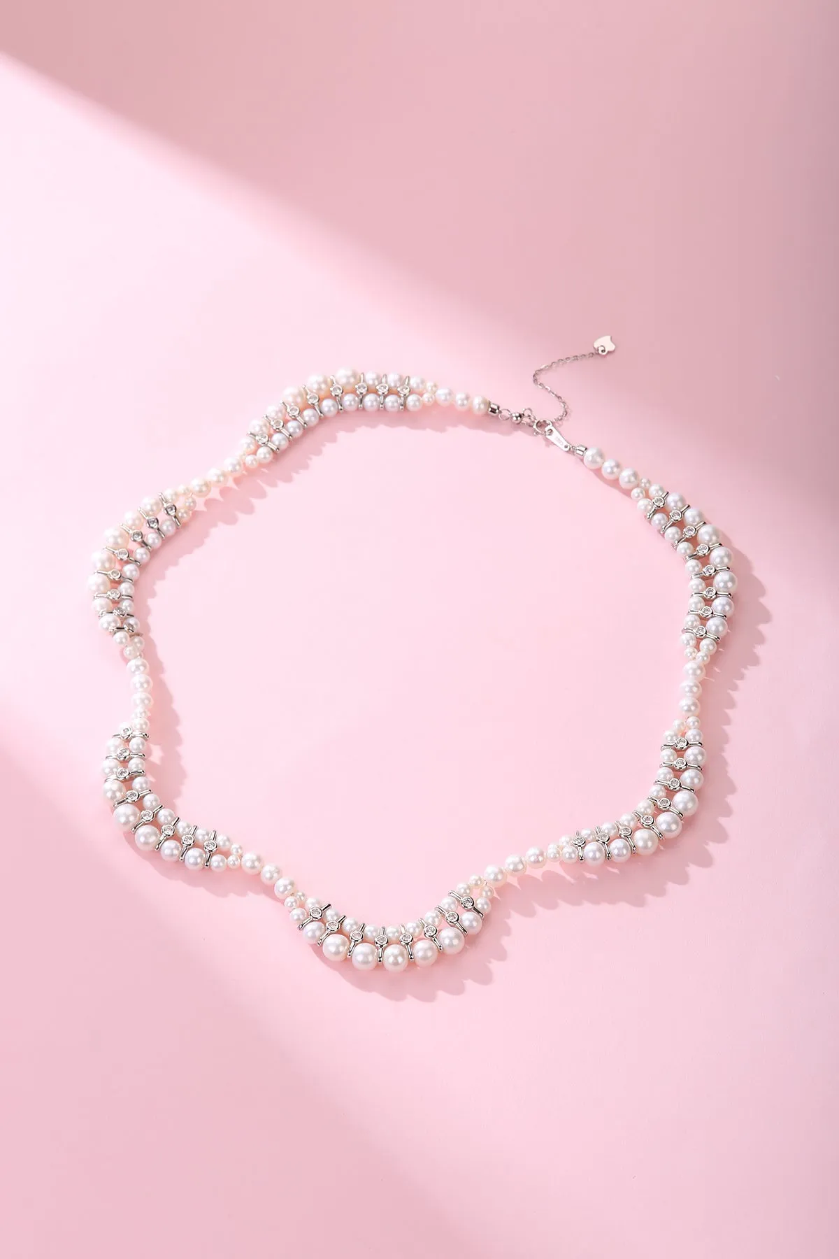 Handwoven Dual Strand Pearl Zirconia Necklace