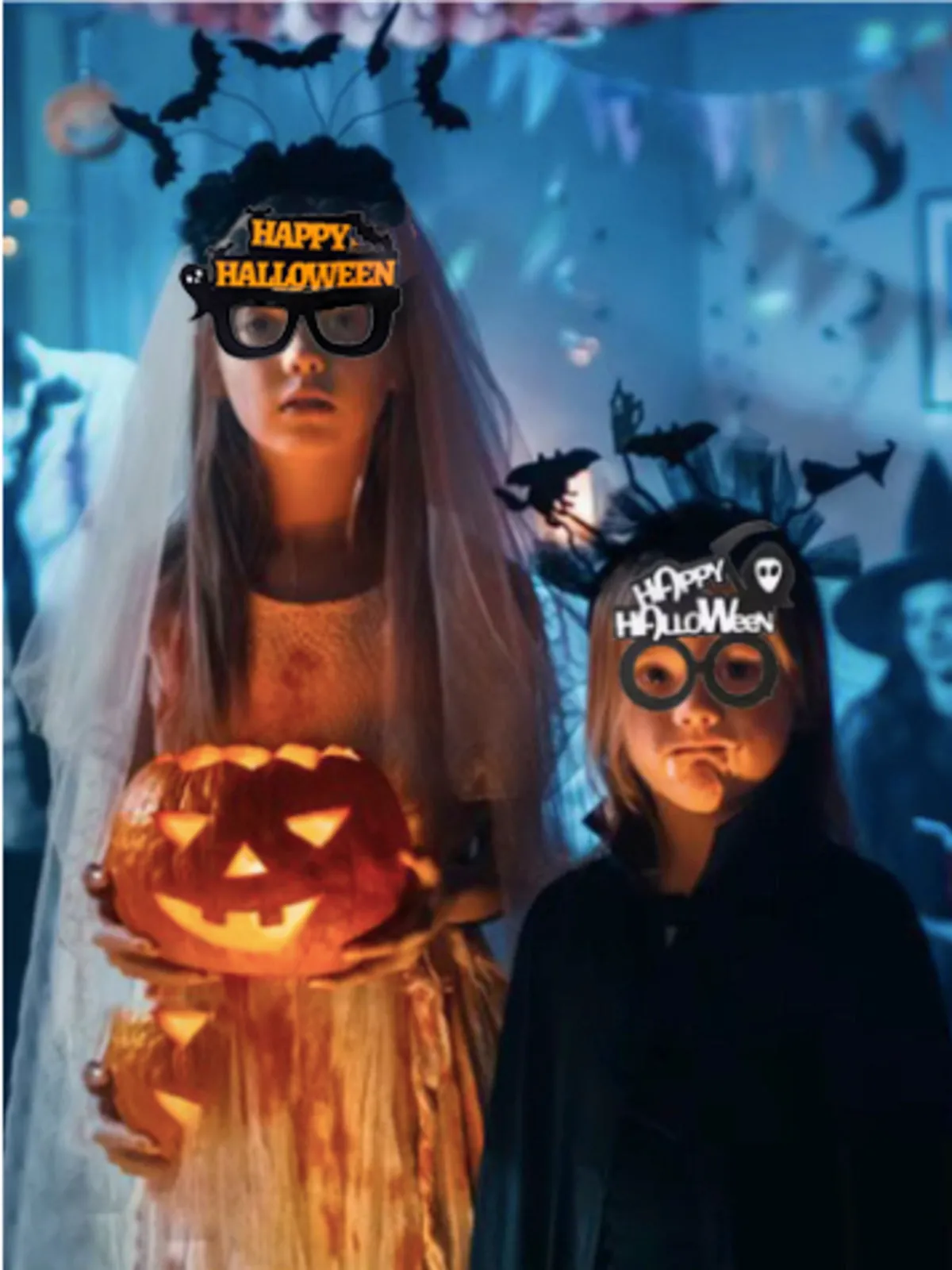 Happy Halloween Novelty Glasses with Pumpkin and Bat Designs, Black and Orange, One size fits everyone