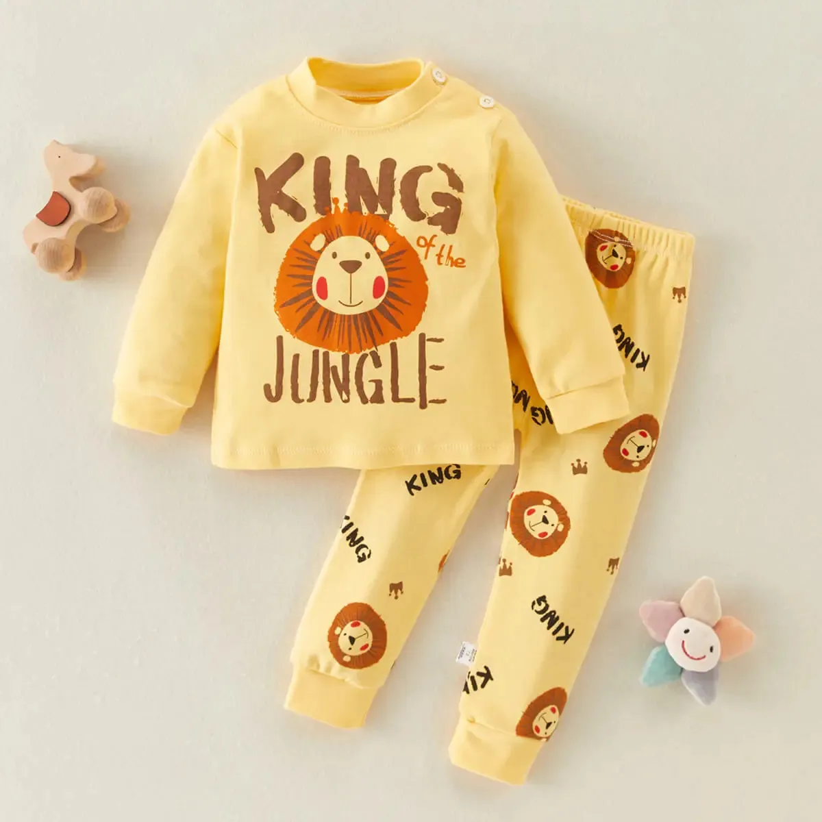 hibobi 2-Piece 100% Cotton Boy Winter Round Neck Warm Home Clothes Set Lion Pattern Pajamas And Pajama Pants Set For 1-5 Years