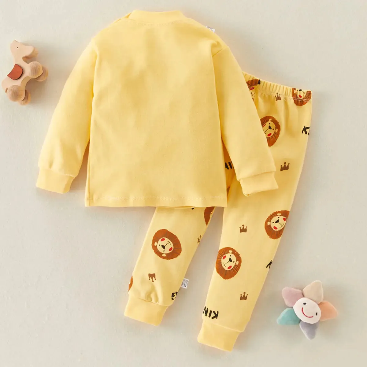 hibobi 2-Piece 100% Cotton Boy Winter Round Neck Warm Home Clothes Set Lion Pattern Pajamas And Pajama Pants Set For 1-5 Years