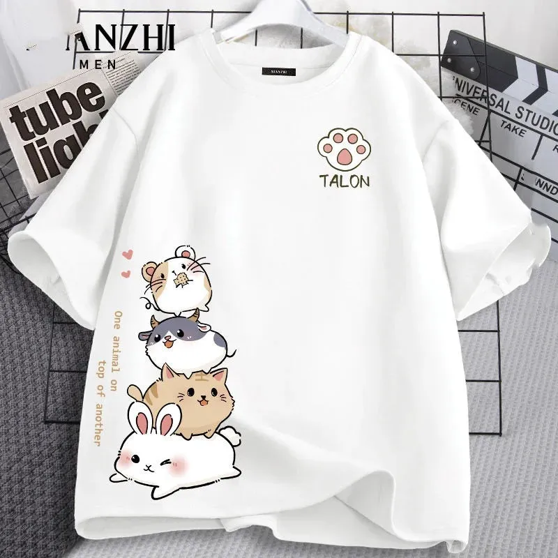 Kids Summer Cotton Short Sleeve T-Shirt Top Cute Critter Print Girls School T-Shirt Home Soft Pajama T-Shirt Street Tee Tops