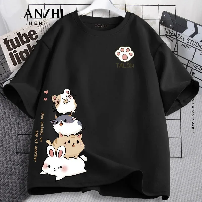 Kids Summer Cotton Short Sleeve T-Shirt Top Cute Critter Print Girls School T-Shirt Home Soft Pajama T-Shirt Street Tee Tops