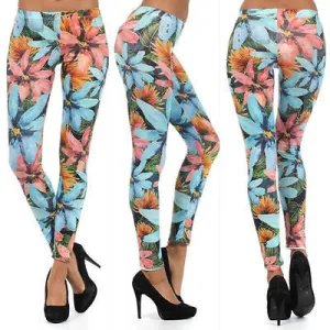 Leggings Floral Multi Color Bright Summer Casual Stretch Skinny Pants