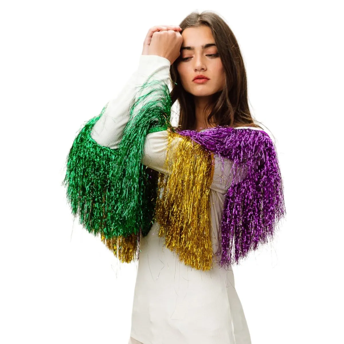 Mardi Gras White Top With Colorful Tiered Tinsel Fringe