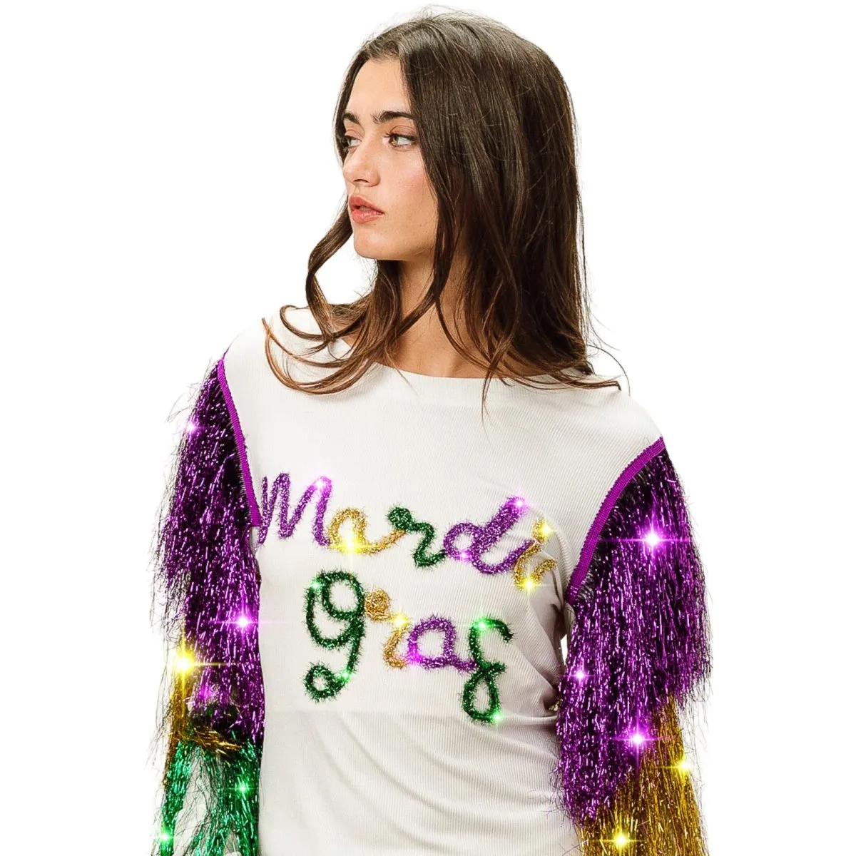 Mardi Gras White Top With Colorful Tiered Tinsel Fringe