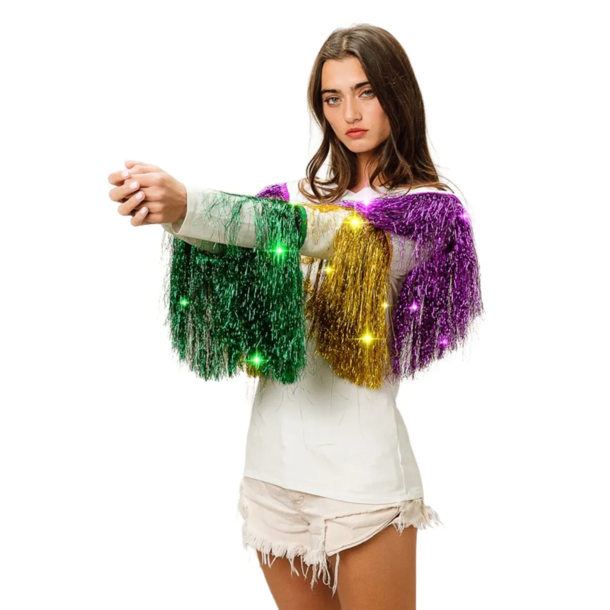 Mardi Gras White Top With Colorful Tiered Tinsel Fringe