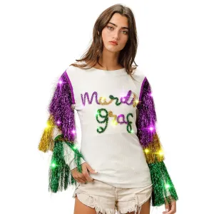 Mardi Gras White Top With Colorful Tiered Tinsel Fringe