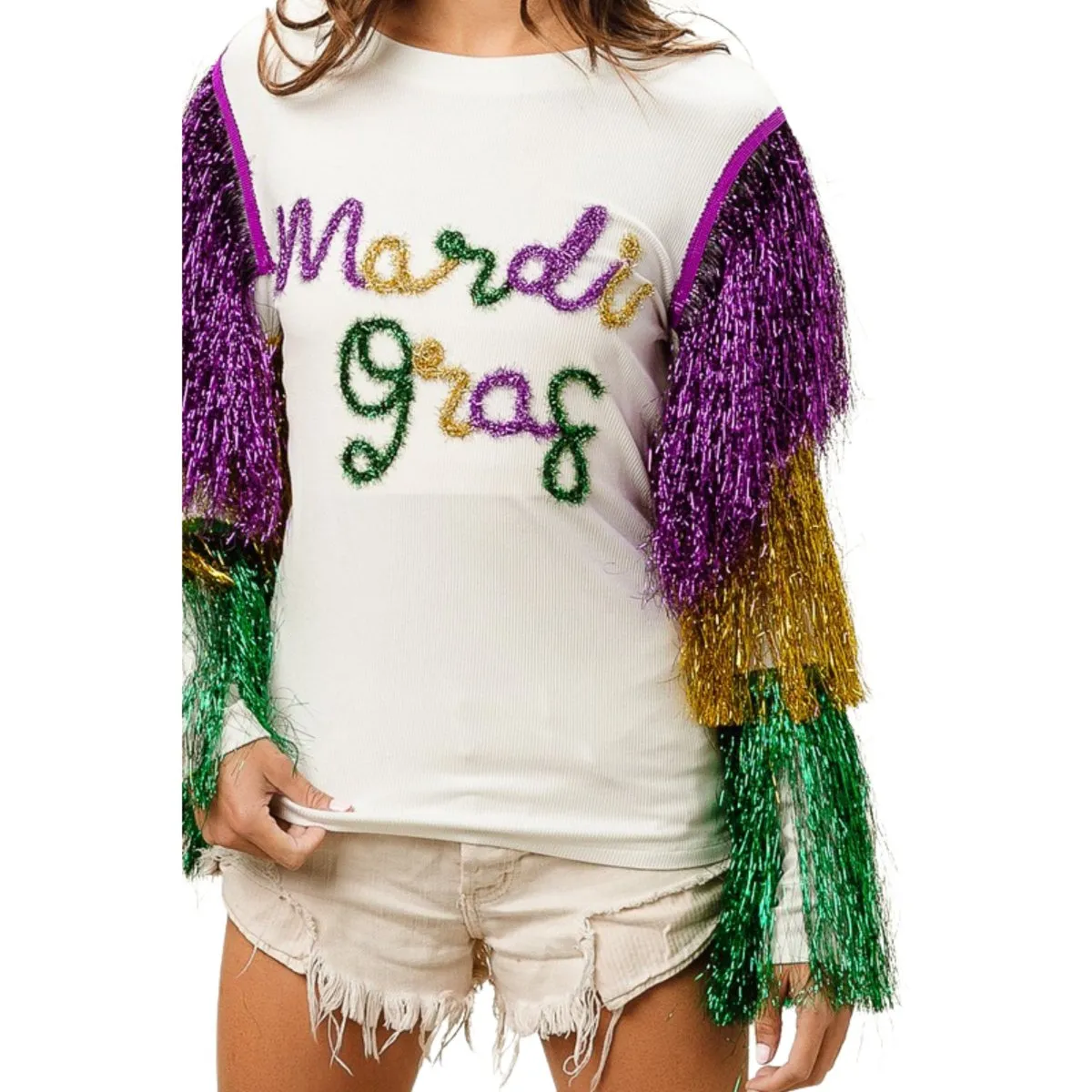 Mardi Gras White Top With Colorful Tiered Tinsel Fringe