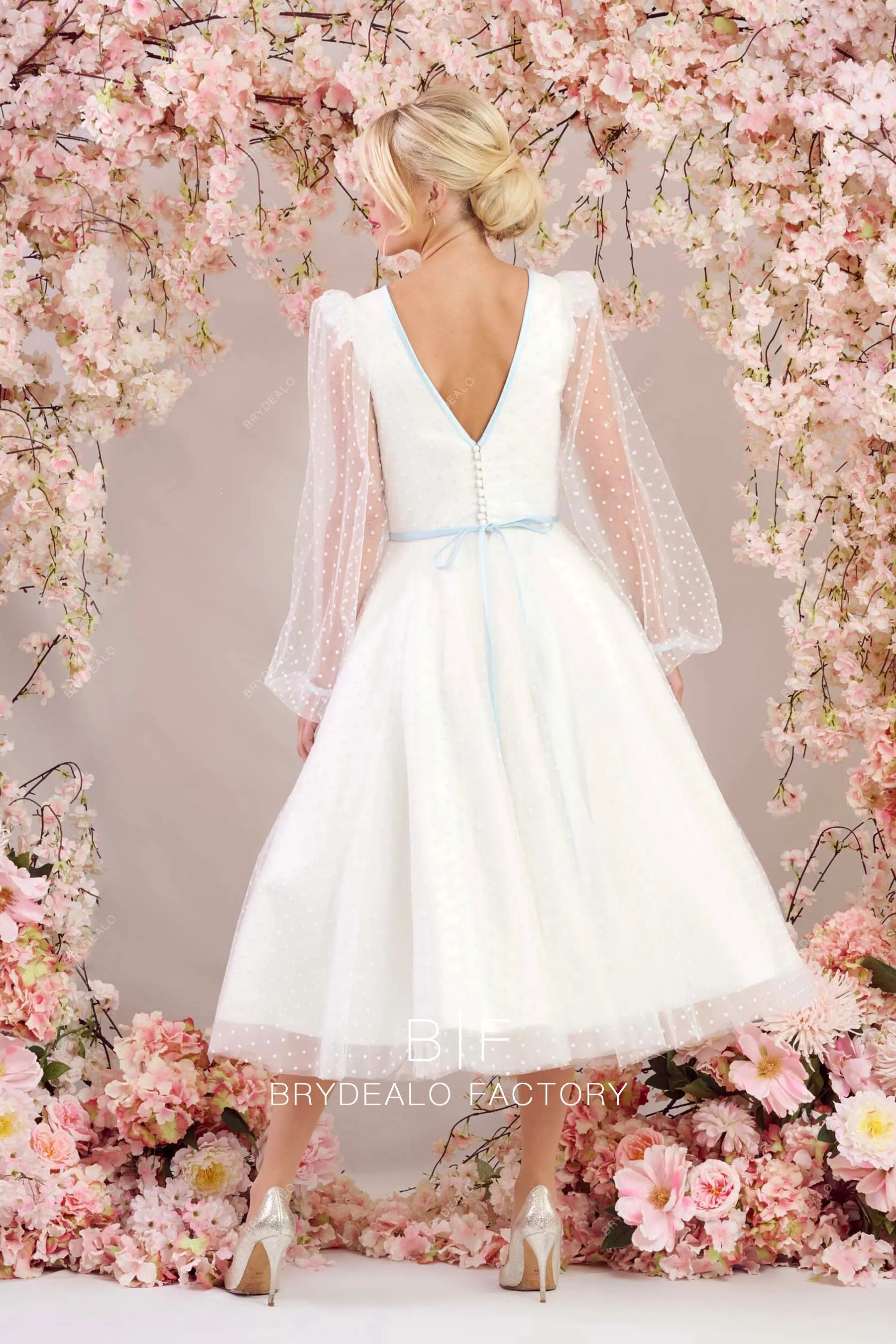 Plunging V-neck Sheer Sleeves Timeless Polka Dot Tulle Short Bridal Dress