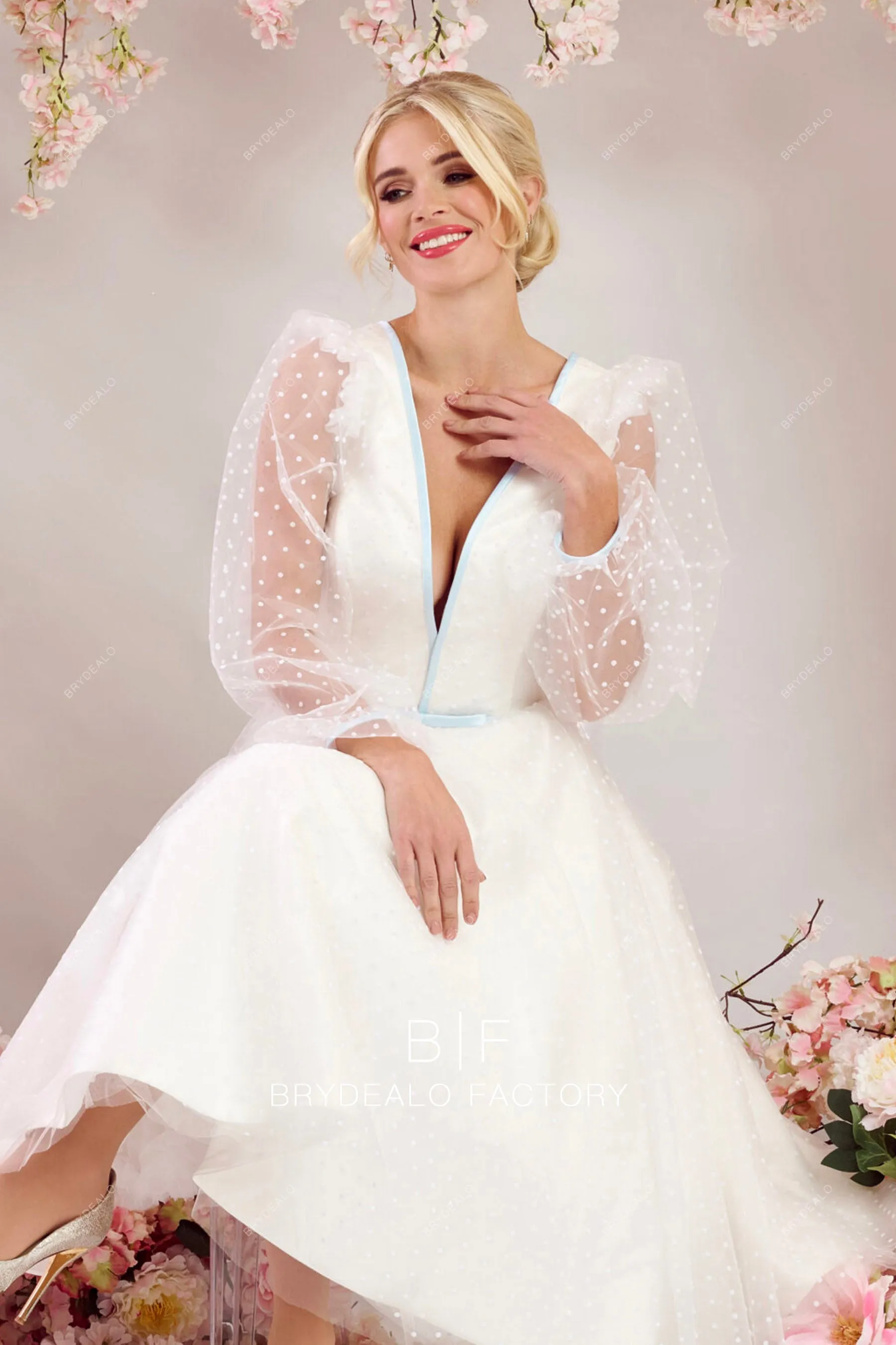 Plunging V-neck Sheer Sleeves Timeless Polka Dot Tulle Short Bridal Dress