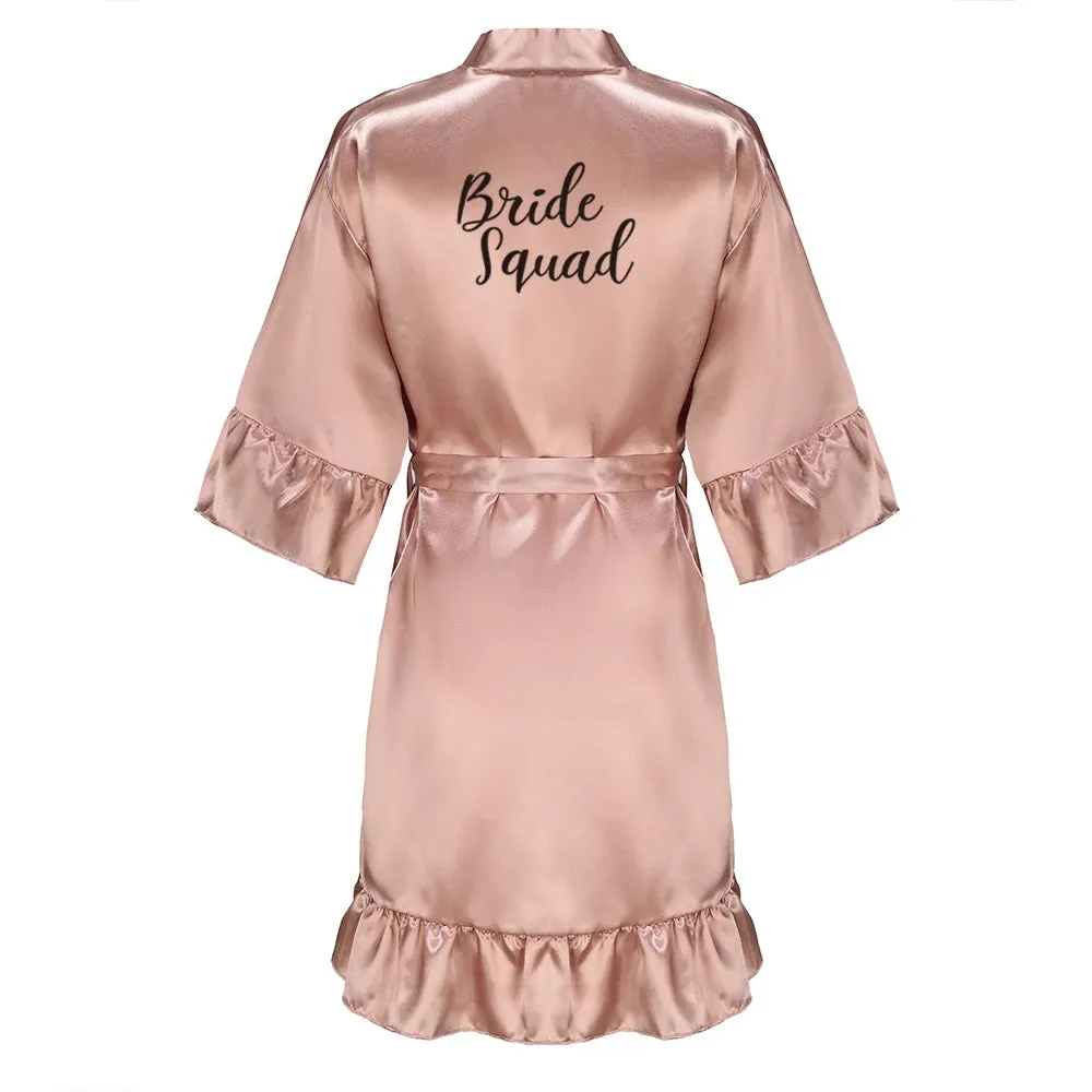 Rose Gold Satin Bridesmaid Team Bride Robes With Ruffle Sister Mother Bathrobe Maid of Honor Kimono Wedding Gift