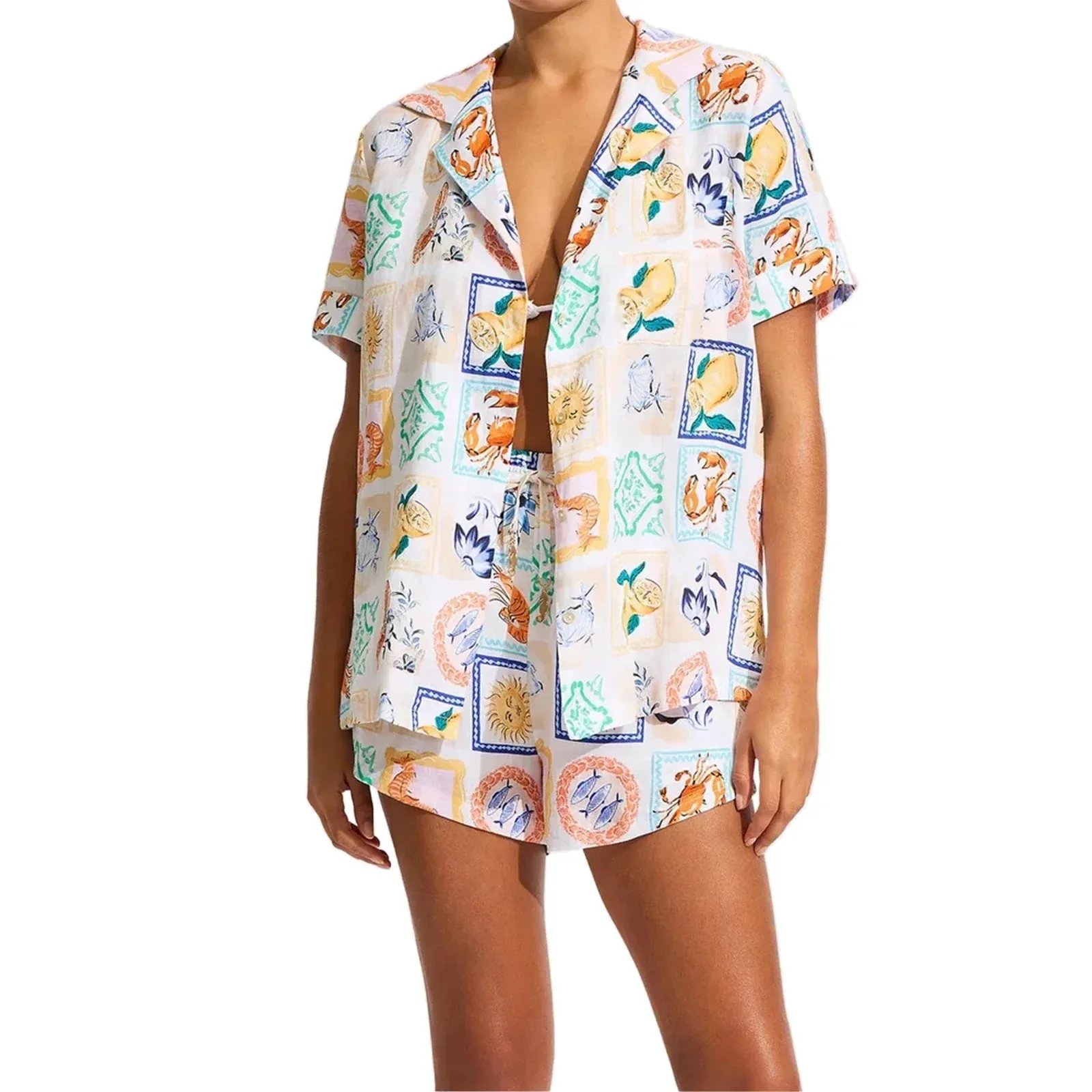 Short Sleeve Graphic Print Shirt Drawstring Shorts Beachwear Loose Casual Pajamas