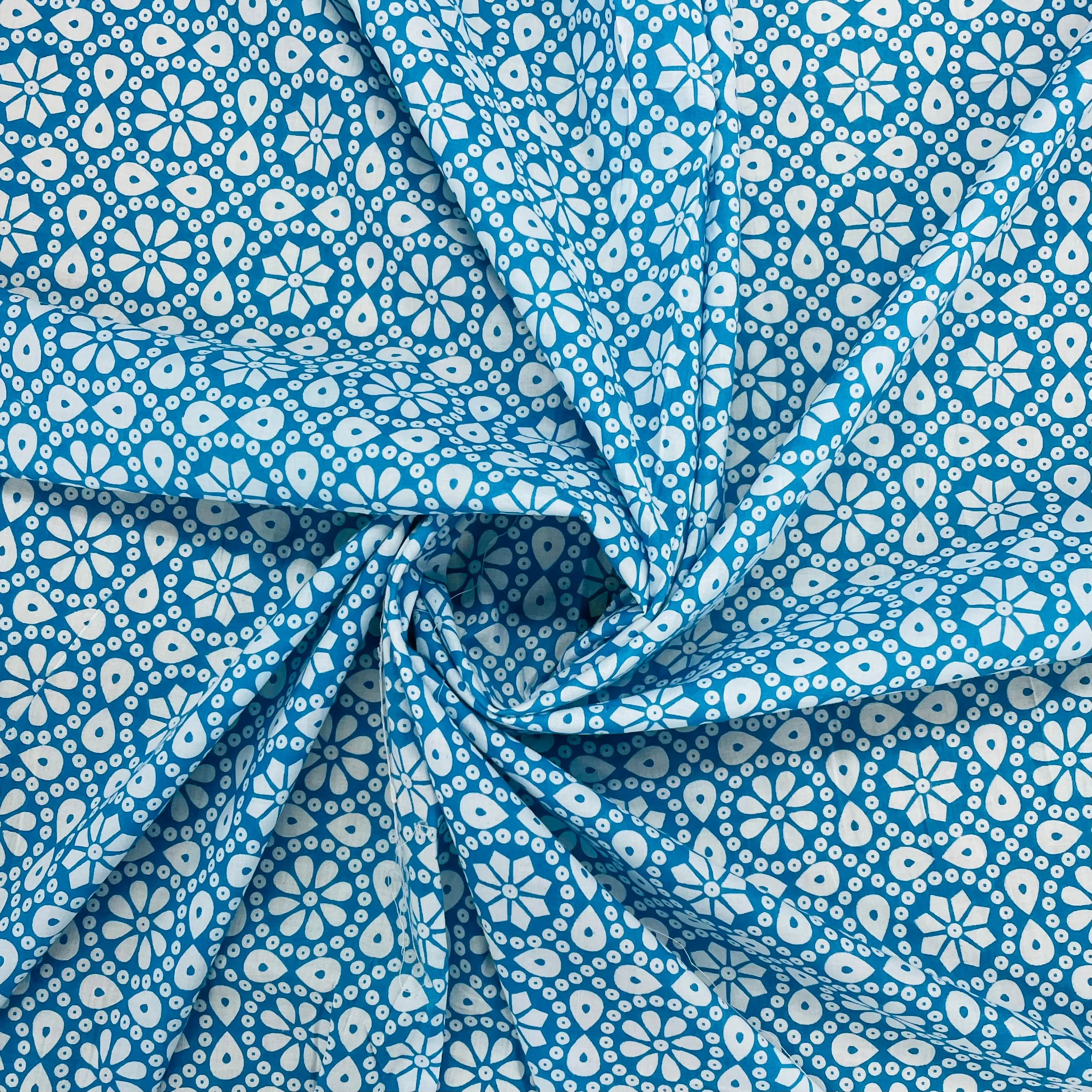 Sky Blue & White Traditional Print Cotton Fabric