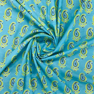 Sky Blue Paisley With Hand Block Print Cotton Fabric