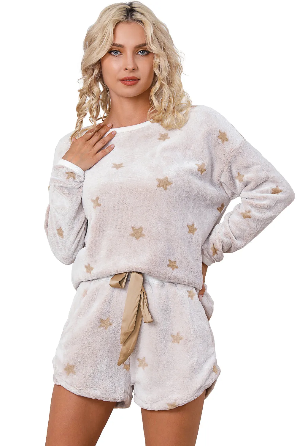 Soft Pajamas Set | White Plush Star Pattern Long Sleeve Pullover and Shorts Lounge Set | Warm Fleece Pajama Set