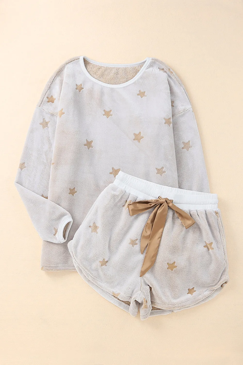 Soft Pajamas Set | White Plush Star Pattern Long Sleeve Pullover and Shorts Lounge Set | Warm Fleece Pajama Set