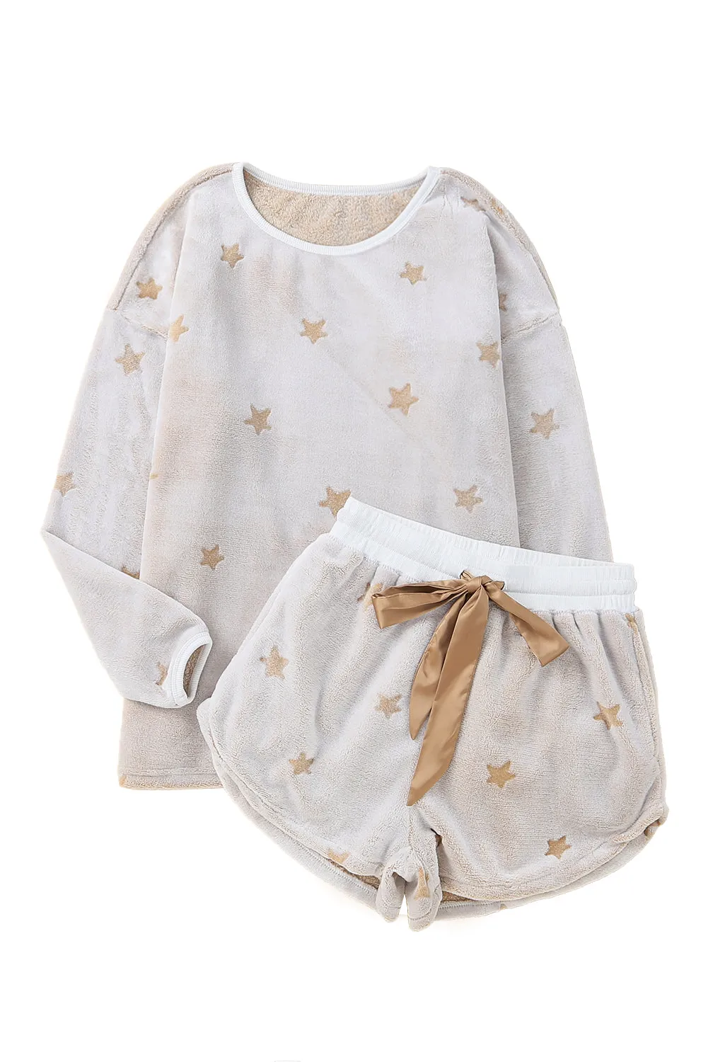 Soft Pajamas Set | White Plush Star Pattern Long Sleeve Pullover and Shorts Lounge Set | Warm Fleece Pajama Set