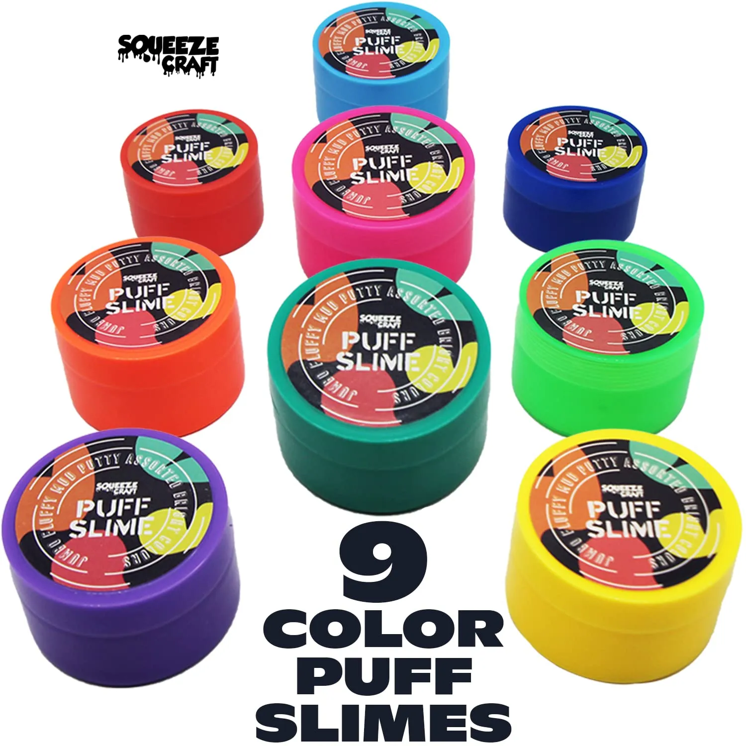 Squeeze Craft Puff Slime - 9 Pack Jumbo Fluffy Mud Putty Assorted Bright Colors - 2 Oz