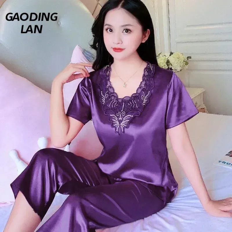 Summer Women Short Sleeve V Neck Pajamas Set Large Size Lace Home Clothes Imitation Silk Nightwear Pants Sleepwear Suit M-3XL