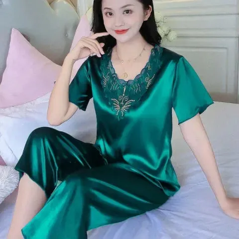 Summer Women Short Sleeve V Neck Pajamas Set Large Size Lace Home Clothes Imitation Silk Nightwear Pants Sleepwear Suit M-3XL