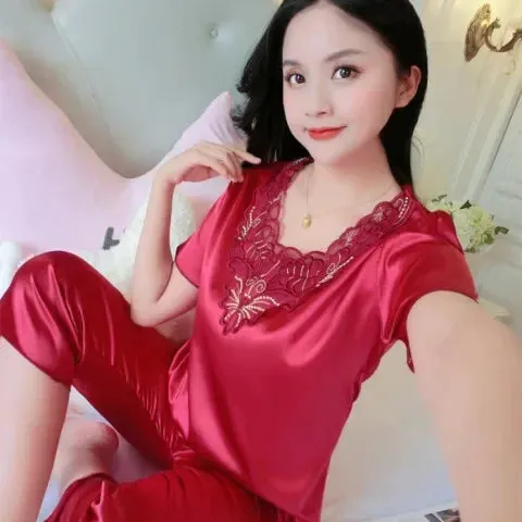 Summer Women Short Sleeve V Neck Pajamas Set Large Size Lace Home Clothes Imitation Silk Nightwear Pants Sleepwear Suit M-3XL